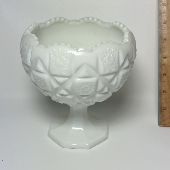 Westmoreland Milk Glass Cupped Compote with Old Quilt Pattern