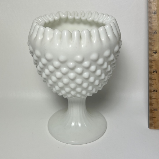 Fenton Hobnail Milk Glass Crimped Cupped Pedestal Vase