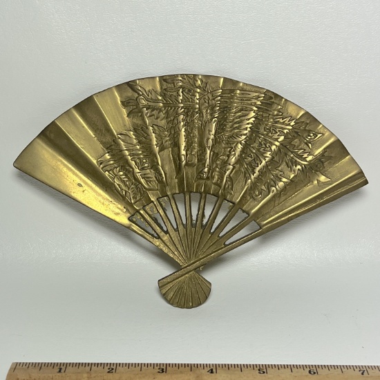 Brass Asian Style Hand Fan with Embossed Front