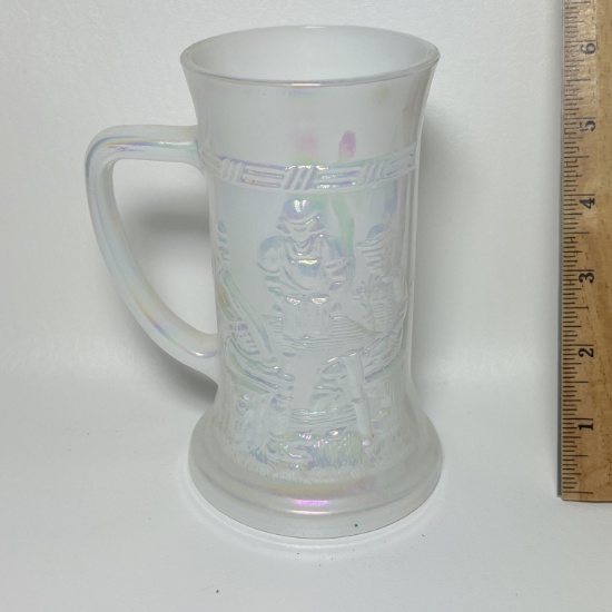 Federal Glass Moonglow Iridescent Stein with Embossed Tavern Scene