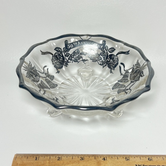 Vintage Footed Silver City Glass Sterling Overlay "50th Anniversary" Dish