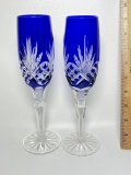 Pair of Cobalt Blue Cut to Clear Hungarian Fluted Champagne Glasses