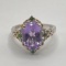 Sterling Silver Ring with Large Oval Purple Stone & Small Green Stones Size 10