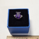Sterling Silver Ring with Purple and Clear Stones, Size 9