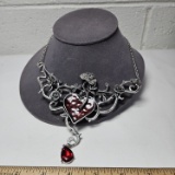 Heart and Rose Silver Tone Necklace