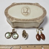 Celluloid Vanity Cameo Powder Box By Luxor, 1930’s and 3 Pairs Screw Back Earrings