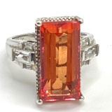 Sterling Silver Chunky Ring with Large Rectangular Orange Stone Size 10