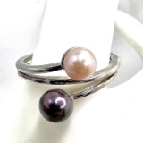Sterling Silver Adjustable Ring with Pink & Purple Fresh Water Pearls Size 11 + Up