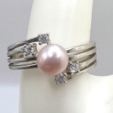 Sterling Silver Ring with Clear Stones & Pink Pearl Size 11.25