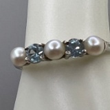 Sterling Silver Ring with Pearl & Blue Stones Size 9