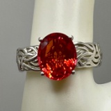 Sterling Silver Open Work Ring with Orange Stone Size 10
