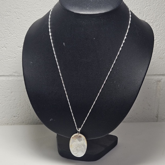 Sterling Silver Necklace with Sea Turtle Carved on Seashell Pendant