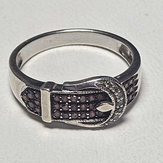Sterling Silver Belt Buckle Ring with Brown and Clear Stones