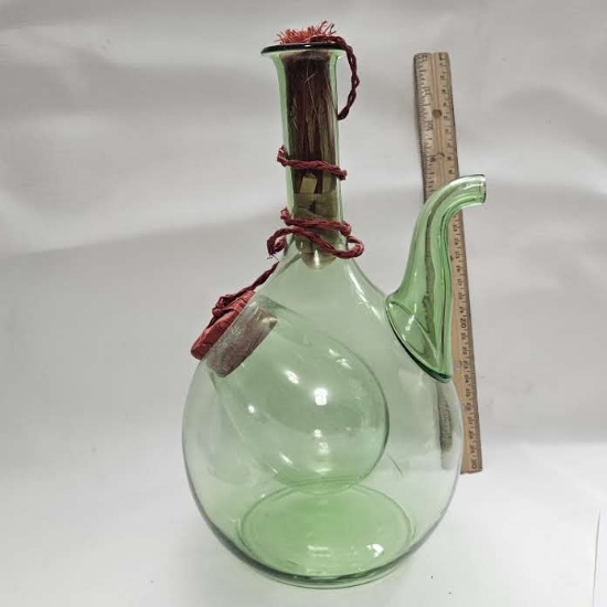 Mid Century Green Glass Italy Fiasco Wine Decanter with Ice Bulb