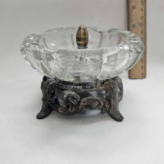 Antique Art Deco Glass Ashtray with Metal Base
