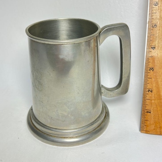 Vintage Pewter Glass Bottom Monogrammed Mug Made in Sheffield England