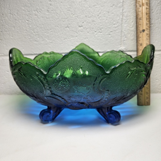 Vintage Jeanette Glass Ombré Blue/Green Footed Bowl