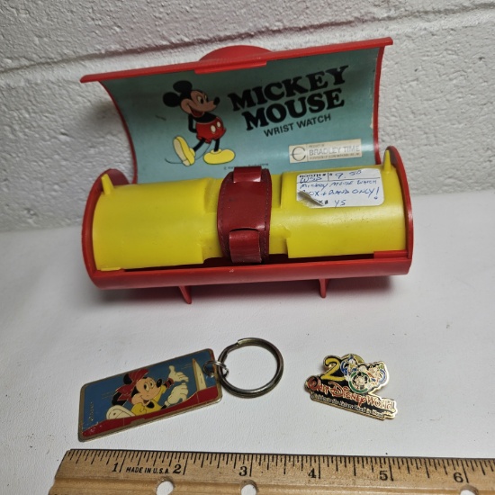 Vintage Mickey Mouse Watch Case and Band, Minnie Keychain and Pin