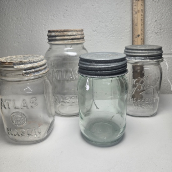 Assortment of Vintage Glass Jars with Zinc Lids, 1 Green Tinted