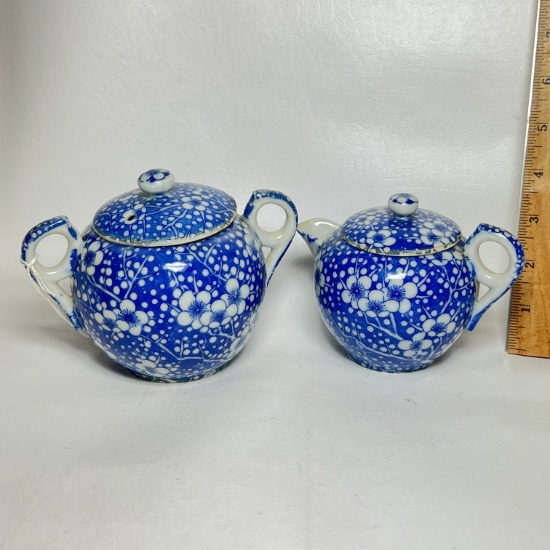 Blue & White Porcelain Vintage Creamer & Sugar Bowl Made in Japan