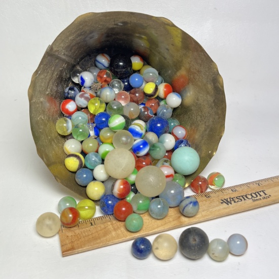 Brass Bucket Full of Vintage Marbles & Shooters