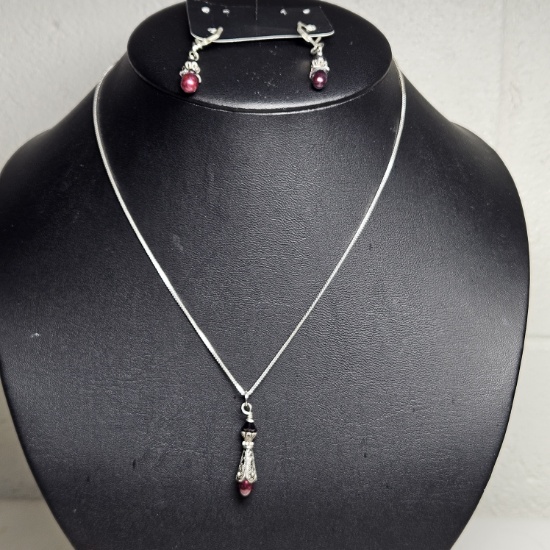 Sterling Silver Necklace with Freshwater Pearl Pendant and Matching Earrings