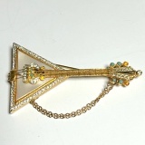 Vintage Russian Signed R. Mandle Balalaika Guitar Brooch with Mother-of-Pearl Stone & Faux Pearls