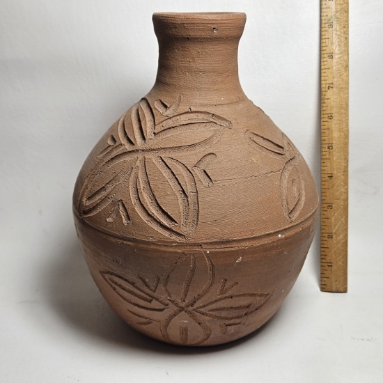 Incised Terra Cotta Vase, Signed