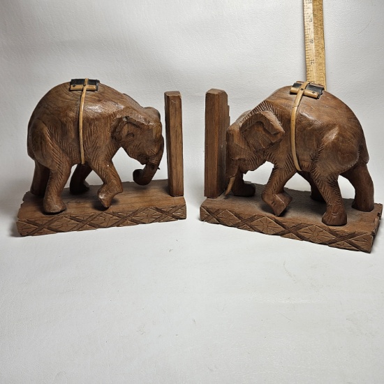 Vintage Hand Carved Elephant Bookends with Saddle