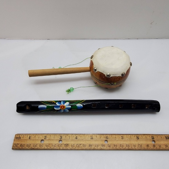 Rattle Drum from Cozumel Mexico and Hand Carved Wooden Flute