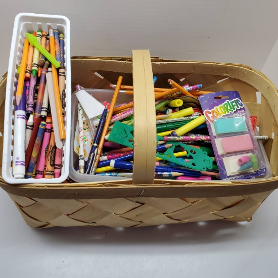 Basket of Pencils, Markers, Crayons, Erasers