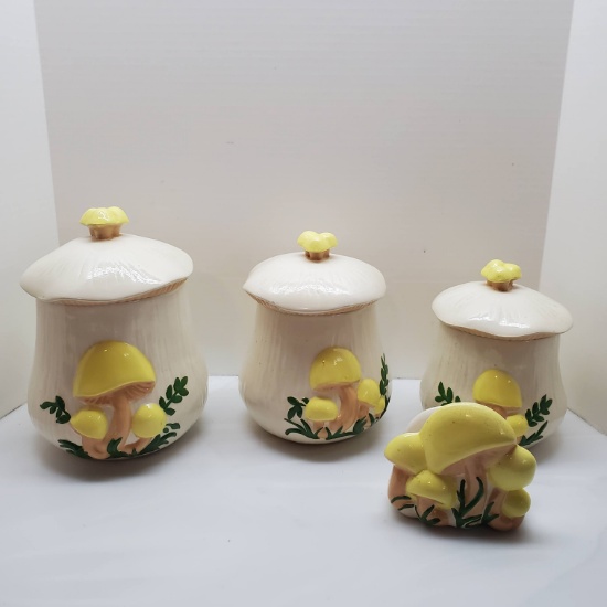 Vintage 1970’s Arnels Ceramic Mushroom 3 Canister Set and Ceramic Mushroom Napkin  Holder