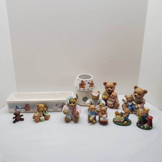 Lot of Bear Figurines, Potpourri Warmer, and Ceramic Cracker Tray