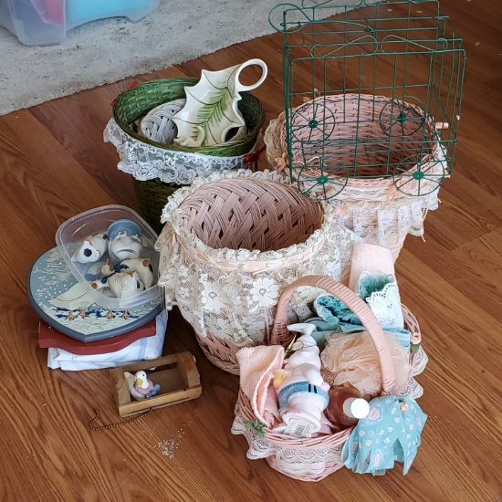 Fancy Wastebaskets, Basket of Bath Supplies, Goose Décor, and Green Metal Hanging Wagon