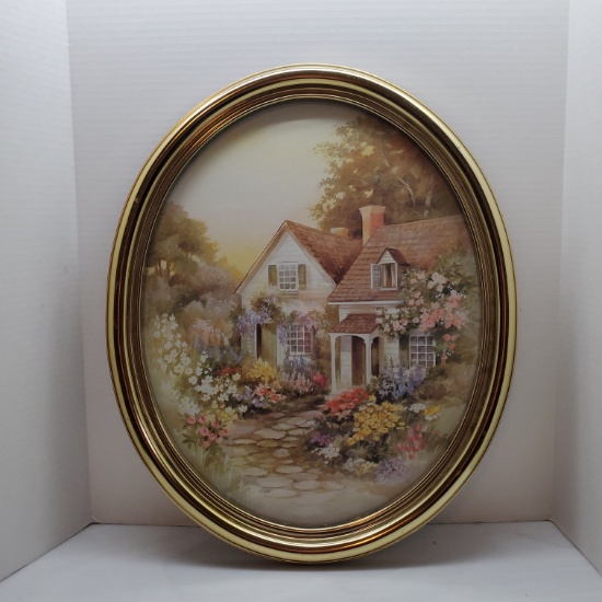 Vintage Syroco Home Interiors Cottage Print in Gold Tone Oval Frame