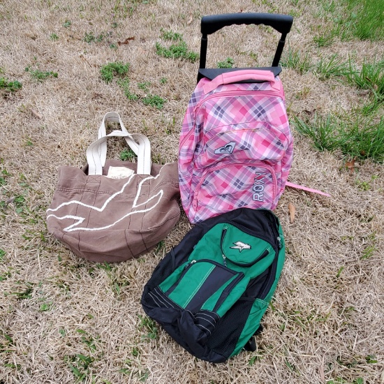 Hollister Cloth Tote Bag, Roxy Rolling Book Bag, and Green Backpack