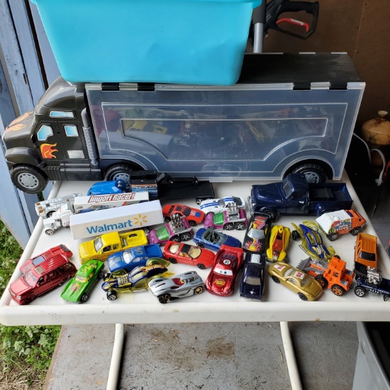 Lot of Hot Wheels and Other Cars and Trucks and Truck Shaped Car Storage Box