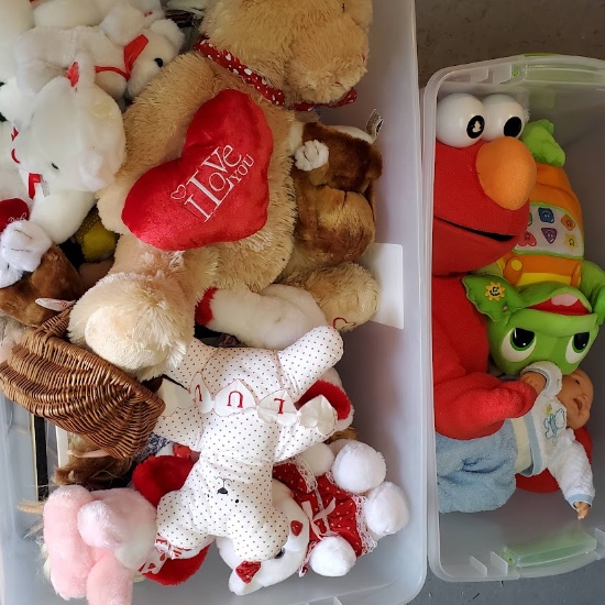 2 Totes of Stuffed Animals, Dolls, and Toys