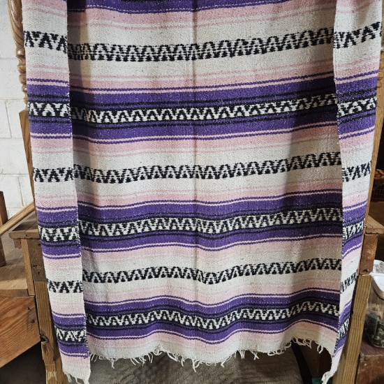 Vintage Saltillo Blanket Serape, Purple, Black and White Fringe