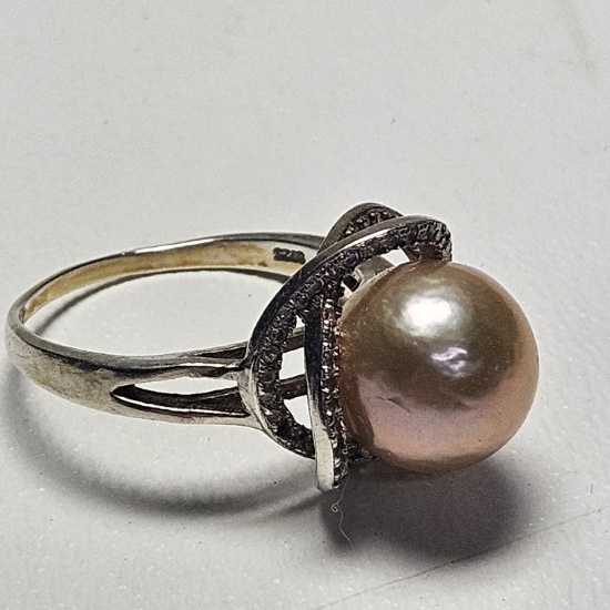 Sterling Silver Ring with Large Pearl and Clear Stones, Size 10