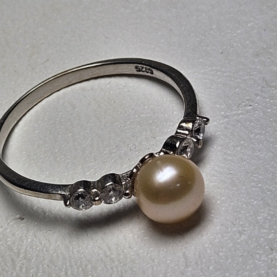 Sterling Silver Ring with Pearl and Clear Stones, Size 10