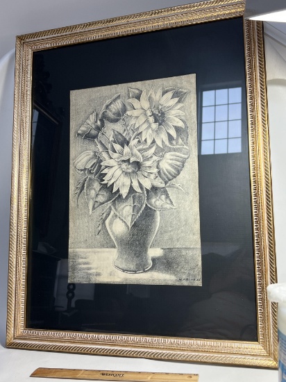 Large Framed Flowers Drawing Signed by Artist M. Freys '68
