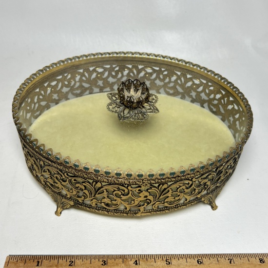 Gold Filigree Vintage Glass Top Footed Vanity Jewelry Box with Velvet Lining