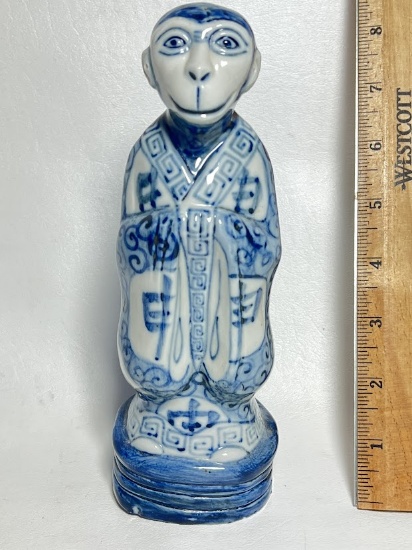 Blue & White Porcelain Oriental Monkey Figurine