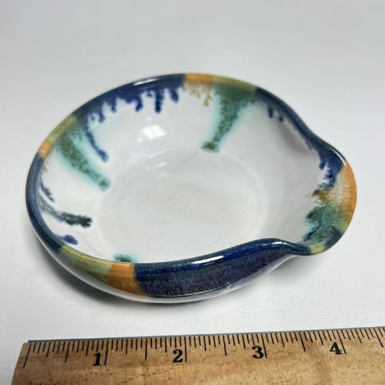 Small Colorful Pottery Dish with Spout Signed Holly Hill on Bottom