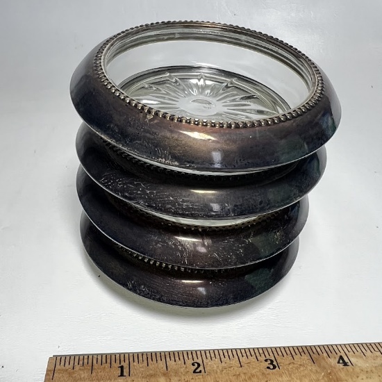 Set of 4 Viintage Sterling & Glass Coasters