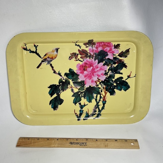 Metal Hand Painted Tray with Bird on Flower Branch Scene