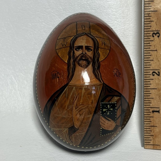 Hand Painted Jesus Christ Depicted on a Russian Wooden Egg