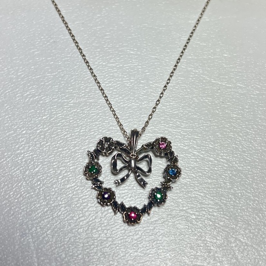 Sterling Silver Heart Pendant with Multi Colored Stones on Sterling 18" Chain