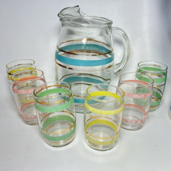 7 Pc Multi Colored Striped Glass Lemonade Set